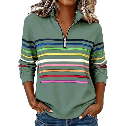 Image of Generisch Sweatshirt Women's Rainbow Striped Tops V Neck Long Sleeve Half Zip Tops Fashionable Striped Pullover Half Zip Loose Fit Casual Jumper Rainbow Streetwear, Green, L