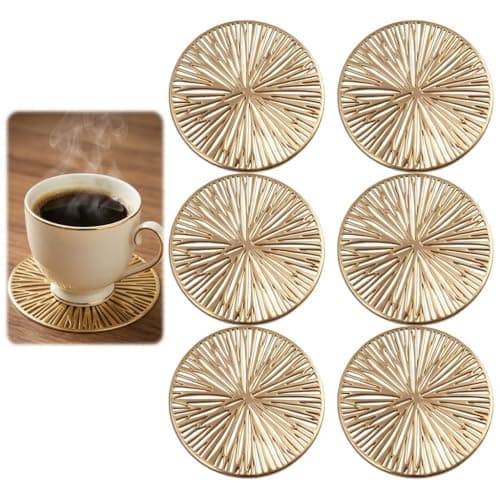 Image of 6 Pack Gold Coasters Hollowed-Out Stylish Cup Coaster Round PVC Non-Slip Coffee Coasters Heat Resistant Reusable Table Mats for Bar Patio Home and Kitchen Coffee Cold Drinks Beer Dessert Cups & Mugs