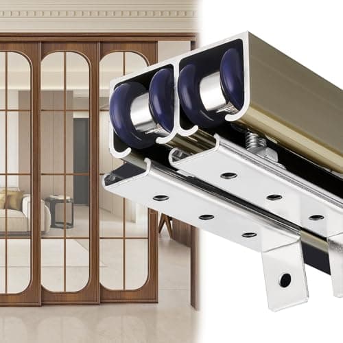 Image of Double Closet Sliding Door Track Kit with Floor Guide and Rollers, 3.3-21.7 ft Heavy Duty Bypass Barn Pocket Door Hardware Kit for Double Door - Ceiling Mounted, Easy to Install(White,1.6m/5.2ft)