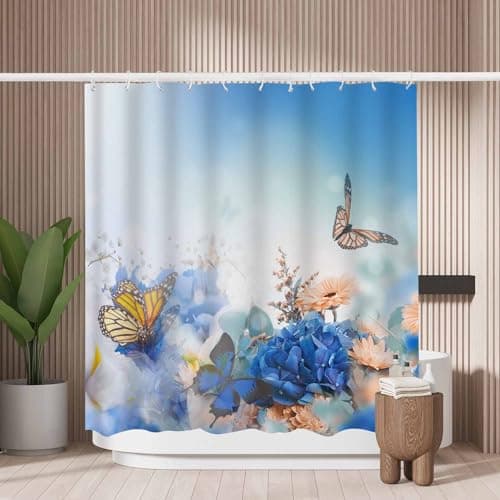 Image of Woutay Shower Curtain Mould Proof Resistant Butterflies and Blue Hydrangeas Flowers,Water Repellant Fabric,Polyester,with 12 Plastic Hooks,Size 180x180CM