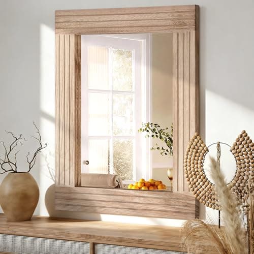 Image of HLFMVWE Mirrors for Wall Rustic Wooden Frame Rectangle Mirror Vintage Hanging Mirror for Bedroom Bathroom Living Room Farmhouse Wall Decor Small 30x40cm