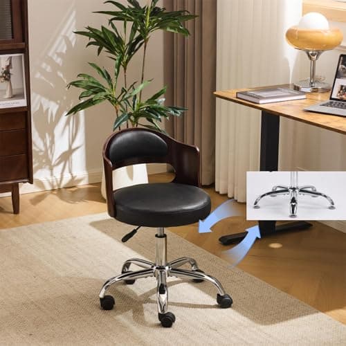 Image of Bonnlo Elegant Comfy Vanity Chair with/no Wheels Small Office Desk Chair Mid Century Walnut Swivel Dressing Table Ch With Adjustable Height for Home Office, Bedroom, Dressing Room, PU (Black)
