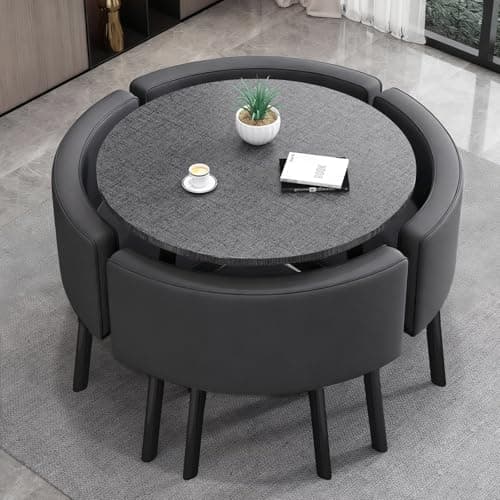 Image of VTELGT 35.4″ Dining Table and Chairs Set 4, 5 Piece Modern Dining Table Set, Faux Marble Tabletop with 4 PU Leather Chairs, Kitchen Table, Meeting Table for Space Saving (gray round)