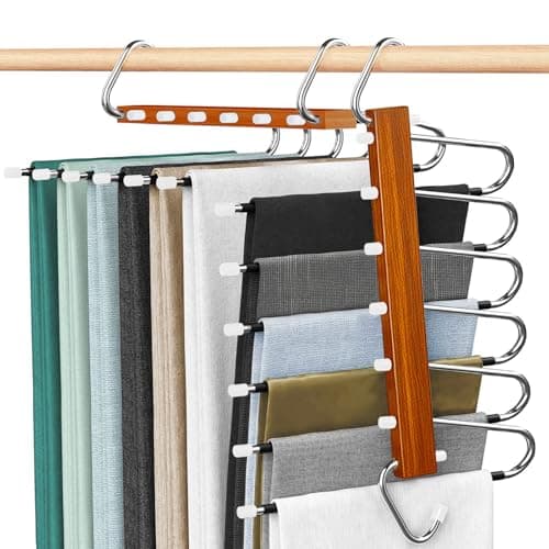 Image of Trouser Hangers Space-Saving, 2 Pack Wooden Foldable Hanger with Anti-Slip Hooks, Trouser Rack Wardrobe Organiser & Space Saver for Scarf Coat