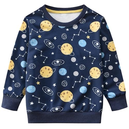 Image of EULLA Toddler Boys Sweatshirt Space Print Long Sleeve Casual Pullover Jumper for Kids Planet Tops 5-6 Years