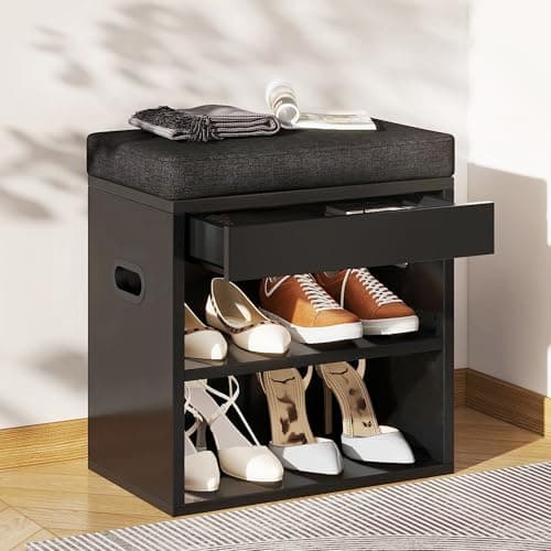 Image of YMYNY Small Shoe Storage Bench with Cushion and Drawer, 2 Tier Adjustable Shoe Bench Storage with Seat, Wooden Shoe Rack Bench for Entryway, Living Room, Hallway, Closet, Bedroom, Black, HSC002B