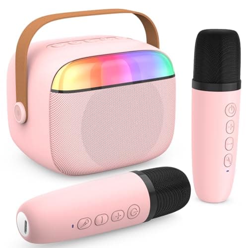 Image of Karaoke Machine for Kids with 2 Wireless Microphone,Mini Portable Karaoke Bluetooth Speaker with Voice Changing Effects & LED Lights,Gifts for Girls Boys Age 3-15(Pink)