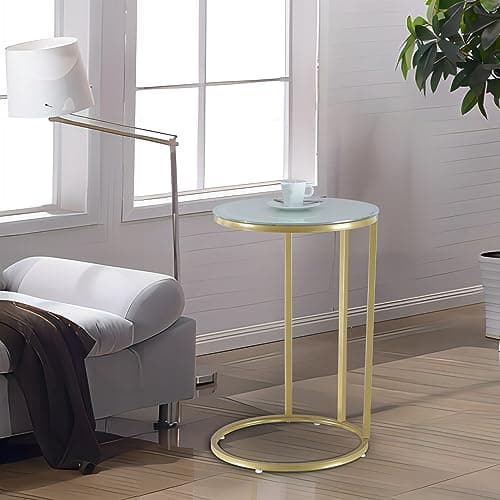 Image of URBNLIVING Round Modern C-Shaped Side End Table Chrome Legs Frame and Glass Top, Snack Books Side Table (Gold Legs & White Glass Top)