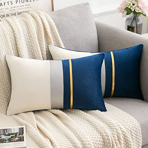 Image of Serento Cushion Covers 30 x 50 cm Navy Blue Gold Striped Patchwork Velvet Case Luxury Modern Rectangle Throw Pillow Cover Decorative Lumber for Bedroom Living Room Cases Bed Sofa Car 12 × 20 Inches