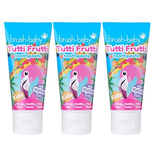 Image of Brush-Baby - Tutti Frutti Kids Toothpaste 150ml (3 x 50ml Tubes) - for Ages 3+ - with Xylitol & Fluoride - Strong Teeth, Healthy Gums & Fresh Breath - Gentle Vegan Formula, Safe if Swallowed