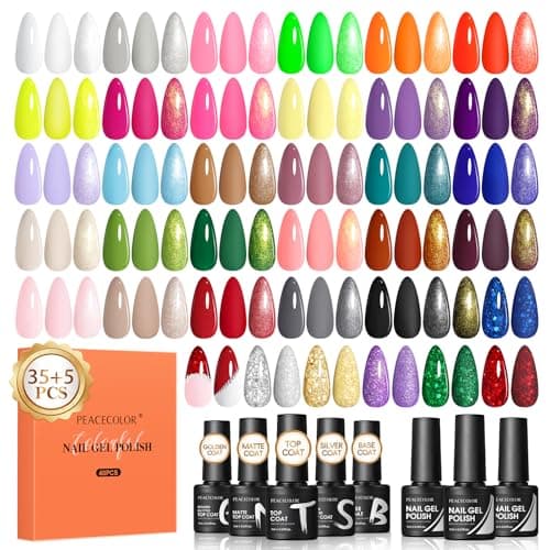 Image of Peacecolor 40PCs Gel Nail Polish Set 35 Neon Colors Red Green Pink Yellow Gel Polish with 5Pcs Glossy/Matte/Glitter Top Base Coat Long Lasting Nail Gel Kit Gifts for Women DIY Home Salon