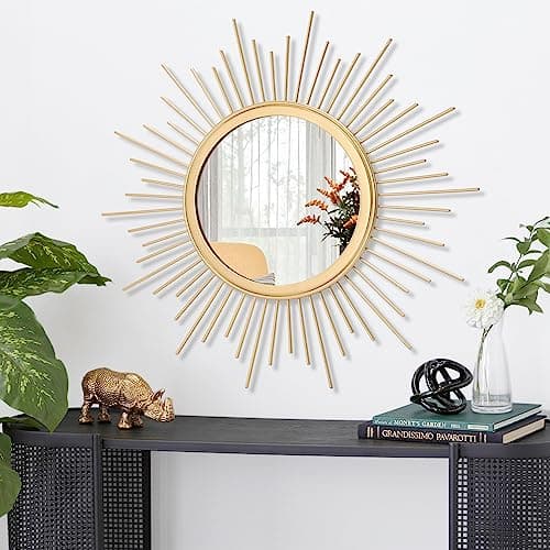 Image of HLFMVWE Gold Sunburst Art Wall Mirror with Iron Metal Wire Frame Wall-Mounted Mirror for Home Decor Living Room Bedroom Bathroom Entryway 30 x 30 cm