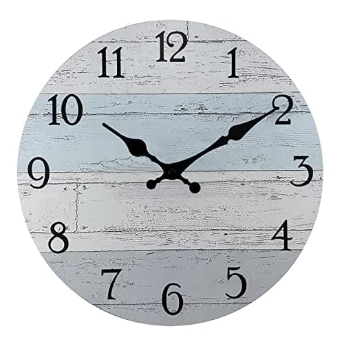 Image of Plumeet Wall Clock, 12'' Frameless Wooden Wall Clocks with Silent Quartz Movement, Rustic Coastal Country Village Clock Decorative for Kitchen Bedroom Living Room, Blue
