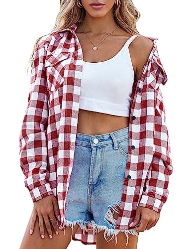 Image of Zeagoo Women's Long Sleeve Shirts Checked Button up Plaid Blouse Casual Loose Lumberjack Shirt Jacket Lapel Tops with Pockets Wine Red XL