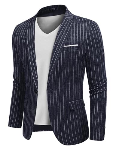 Image of COOFANDY Men's Blazer Stripes Suit Slim Fit Jacket One Button Jackets Lightweight Plaid Sport Coat Stripe Plaid Navy M