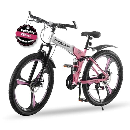 Image of TRIOBLADE 24'' 26'' 27.5'' Folding Mountain Bike 21-Speed Foldable Mountain Bicycle with Dual Disc Brakes 3 Spoke Wheels Mountain Bikes,Dual Suspension Design for Adult Men Women (Black&Pink, 26inch)