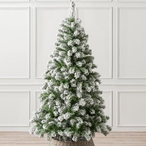 Image of Christow Flocked Christmas Tree 6ft, Snowy Artificial Chamonix Spruce Tree with Bushy Traditional PVC Tips, Hinged Branches, Slot-Together Poles & Green Metal Stand for Easy Display, 180cm x 101cm