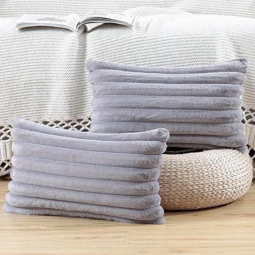 Image of Madizz Set of 2 Faux Fur Decorative Cushion Covers 12x20 inch, 30x50 cm, Grey Soft Couch Throw Pillows for Bed Modern Pillowcases for Sofa Livingroom Home Decor
