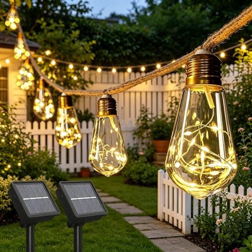Image of 2 Pack Solar String Lights Outdoor Garden Solar Powered Festoon Lights , 20 S14 Bulbs 200 LED Solar Garden Fairy Lights, 8 Modes IP65 Waterproof for Patio Yard Fence Party Gazebo Pergola Decor