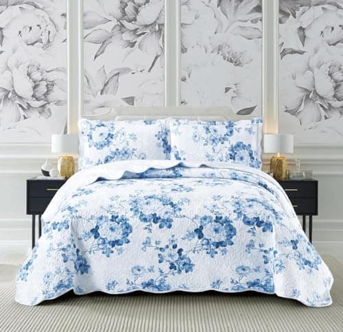Image of Householdfurnishing 3 Piece Printed Patchwork Bedspread Quilted Bed Throw Comforter with Pillow Shams (Vintage Blue, King)