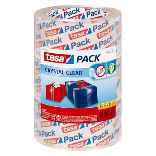 Image of tesa Pack Crystal Clear Packaging Tape - Silent Packaging Tape with Polypropylene Backing - UV Resistant - Transparent Roll - 3X 66 m x 50 mm