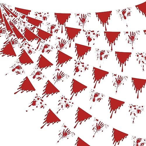 Image of 30Ft Red Bloody Handprint Footprint Bunting Banner Halloween Party Decorations Fabric Triangle Flag Pennant Garland Streamer for Happy Halloween Scary Zombie Vampire Horror Birthday Outdoor Decor