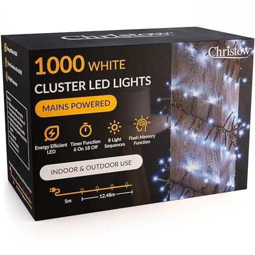 Image of CHRISTOW 1000 LED Cluster Christmas Tree Lights, White Fairy Lights with Timer, 8 Light Modes, Energy Efficient 3mm Micro LEDs, Indoor & Outdoor, Mains Powered, Green Cable, 12.48m Lit Length
