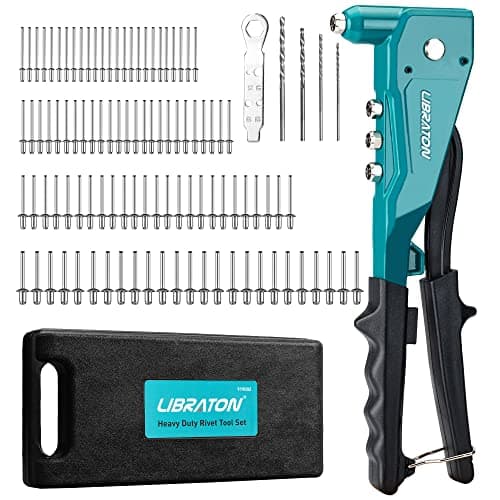 Image of Libraton Heavy Duty Rivet Gun, Pop Rivet Gun Set, Professional Hand Riveter, Manual Riveting Tool with 100Pcs Rivets and 4 Interchangeable Heads, for Metal, Wooden and Plastic