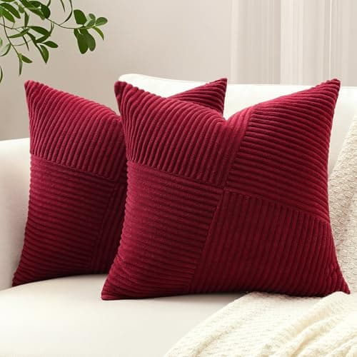 Image of Sungeek Set of 2 Soft Corduroy Decorative Cushion Covers 45x45cm Striped Pinwheel Patchwork Textured Throw Pillow Cases Farmhouse Solid Square Pillow Cover 18x18 Inch for Sofa Bed Couch, Burgundy