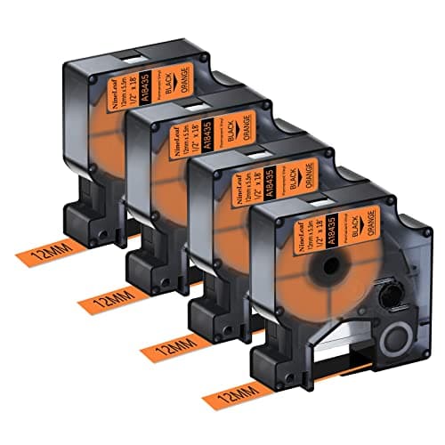 Image of NineLeaf 4 Pack Replacement for Dymo IND 18435 A18435 12mm x 5.5m 0.47'' 1/2 inch Black on Orange Vinyl Permanent Industrial Label Tape for Rhino 1000 4200 5200 3000 3M PL100 PL150 Label Maker