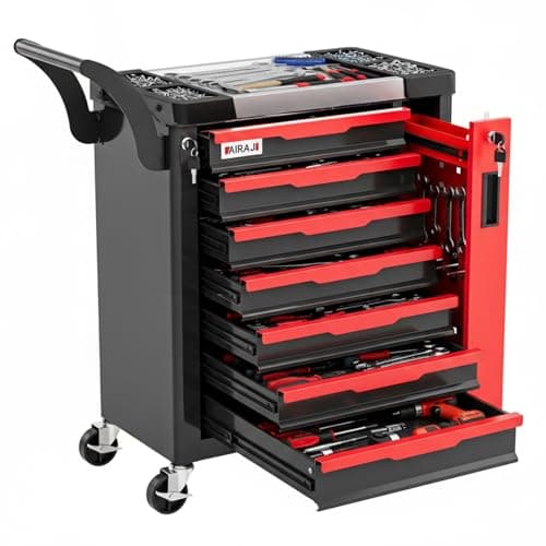 Image of AIRAJ Tool Chest 7-Drawers, Lockable Tool Box on Wheels,Tool Cart with Hidden Side Cabinet, Heavy-Duty Metal Tool Cabinet, for Garages, Workshops, Warehouses,Red and Black