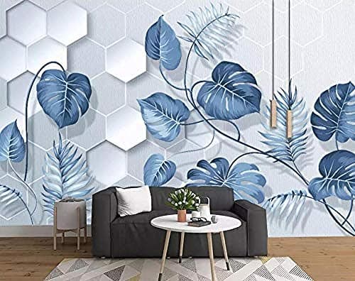 Image of Hand Painted Light Blue Tropical Plant Leaves 3D Wall Murals Living Room Sofa Tv Wall Bedroom Wallpaper Wallpaper Grey Wall Sticker Border self Adhesive Brick Bathroom Silver Bedroom bord-250cm×175cm