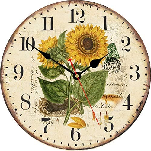 Image of TAHEAT 14 Inch Beautiful Sunflower Wall Clock, Vintage Country Floral Silent Non ticking Clocks, Wooden Round Easy to Read Wall Clock for Kitchen/Living Room/Bedroom/Bathroom