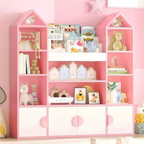 Image of IRONCK Kids Toy Storage Unit Childrens Bookcase Toy Organiser Kids Bookshelf 4 Doors, 10 Open Shelves, Castle Top, Sliding Book Shelves, for Nursery Playroom,123.5x33x127cm (Pink)