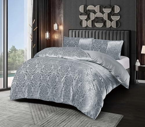 Image of 3 Piece Luxury Jacquard Duvet Cover Set, Velvet Damask 100% Polyester Bedding – Quilt Cover With Pillowcases Double King SuperKing (Silver/Grey, Super King)