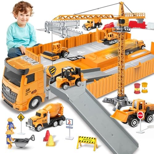 Image of deAO Construction Truck Set with Cargo Truck with Bulldozer, Tractor, Forklift, Mixer, Excavator, Crane and Dumper- Great Gift