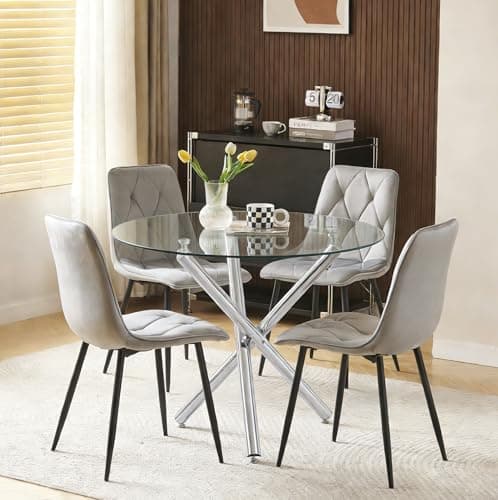 Image of Menaka 5 Pieces Round Glass Dining Table and Grey Velvet Chairs Set Small Space for 4 People, Modern Kitchen Table with Chairs Set of 4 Restaurant (table with 4 grey chairs)