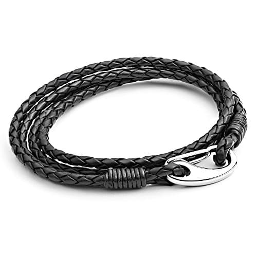 Image of Men's SMALL Size Leather Bracelet, PLEASE CHECK WRIST SIZE Black Braided Double Wrap Bracelet with Stainless Steel Shrimp Clasp, 19cm Unisex by Tribal Steel