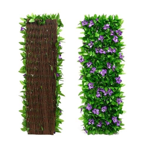 Image of Expanding Garden Trellis Panels, 200x40cm Expandable Garden Fence Screening with Artificial Ivy and Violet Flower,Decorative Faux Ivy Leaf Privacy Screen Greenery Backdrop for Backyard (Purple, 1 PCS)