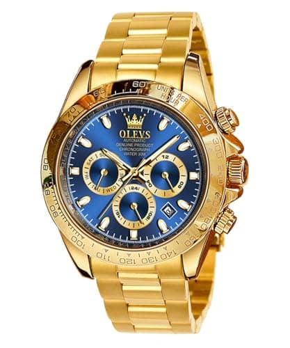 Image of OLEVS Automatic Watches for Men Gold Mechanical Self Winding Stainless Steel Multifunction Chronograph Analogue Waterproof Date Luminous Gent Wrist Watch Green Blue Dial