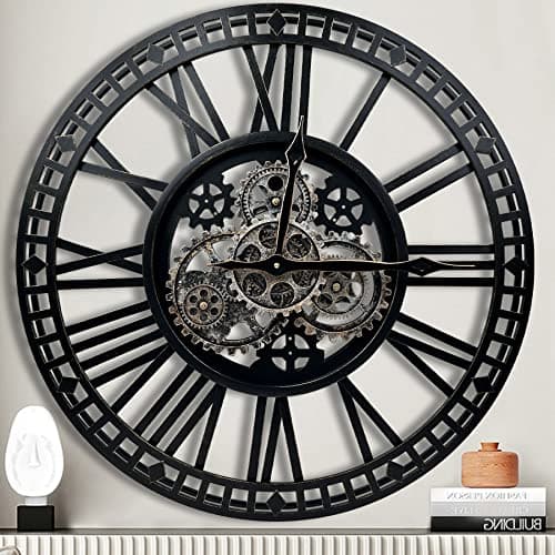 Image of DORBOKER Large Wall Clock Moving Gears Oversized Industrial Steampunk Decorative Retro Roman Numerals Skeleton Silent Wall Clocks for Living Room Kitchen Office (Black Gold 60cm/24inch)