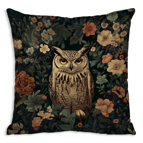 Image of DWSHX William Morris Inspired Design Floral Pillow Covers, Vintage Floral Owl Print Throw Pillow Covers Home Decor, Retro Pillowcase Cushion Cover for Bed Sofa Living Room (Owl-4, 18x18 Inch)