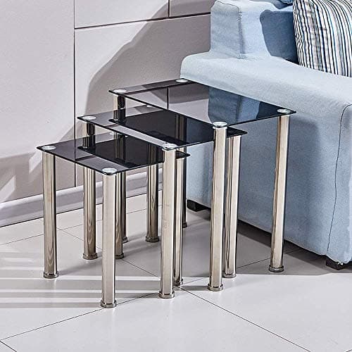 Image of NICEME Glass Nest of Tables Set of 3, Rectangular End Table, Glass Coffee Table for Living Room (Black)