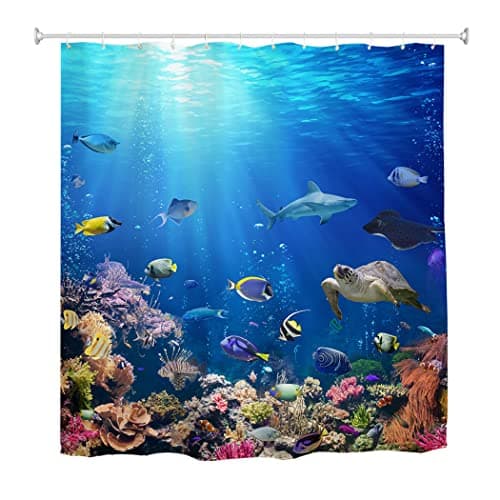 Image of goodbath Fish Shower Curtain, Ocean Underwater World Anti Mould Fabric Waterproof Bath Curtains for Bathroom Bathtub, 180 x 180 cm,Bright Blue