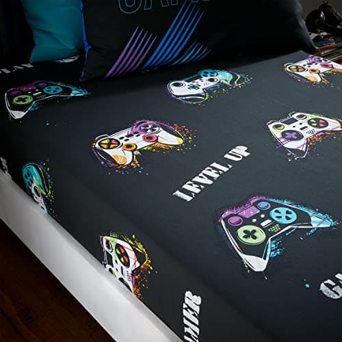 Image of Catherine Lansfield Kids Bedroom Game Over Single Fitted Sheet 25cm Depth Black