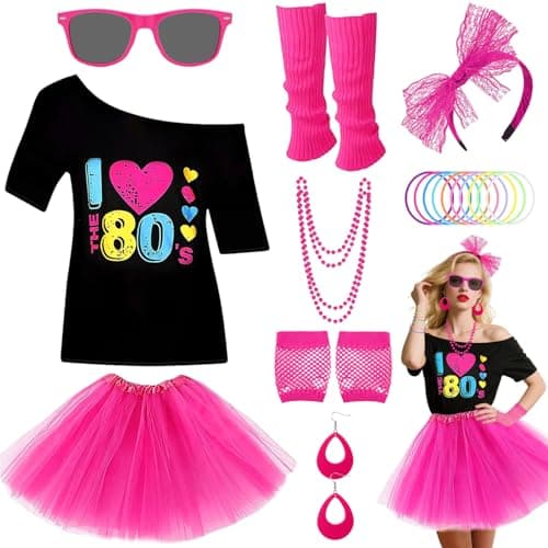 Image of 80s Costume Accessories Set for Women, 1980s Neon Party Kit with T-shirt Tutu Skirt Headband Earring Necklace Glasses Bracelet Fishnet Gloves Leg Warmers for 80s Retro Party Dress up (Rose red, M)