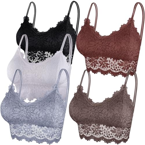 Image of Duufin 5 Pieces Padded Lace Bralette Bandeau Tube Bra with Straps and Removable Pads for Women Girls, Chestnut, Brown, White, Grey, Black, S-M