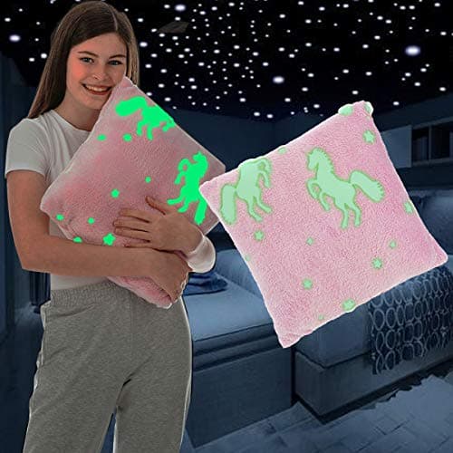 Image of FiNeWaY Glow in The Dark Cuddly Cushion Moon Star Unicorn Gifts for Kids Girls Boys Adults Cosy Warm Super Soft Plush Fleece Faux Fur Bedtime Pillow Bedroom Sofa Couch (Unicorn Pink)