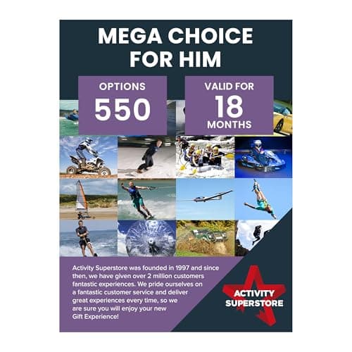 Image of Activity Superstore Mega Choice for Him Gift Experience Voucher, Choice of 550 Options,Experience Day, 18-month Validity, Experience days out, Birthday Gifts