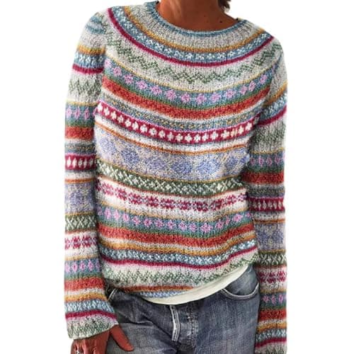 Image of YONGLSP Norwegian Sweater Women, Women's Knitted Print Retro Sweater Crewneck Long Sleeve, Autumn and Winter Casual Loose Knit Jacquard Sweater (Blue,M)